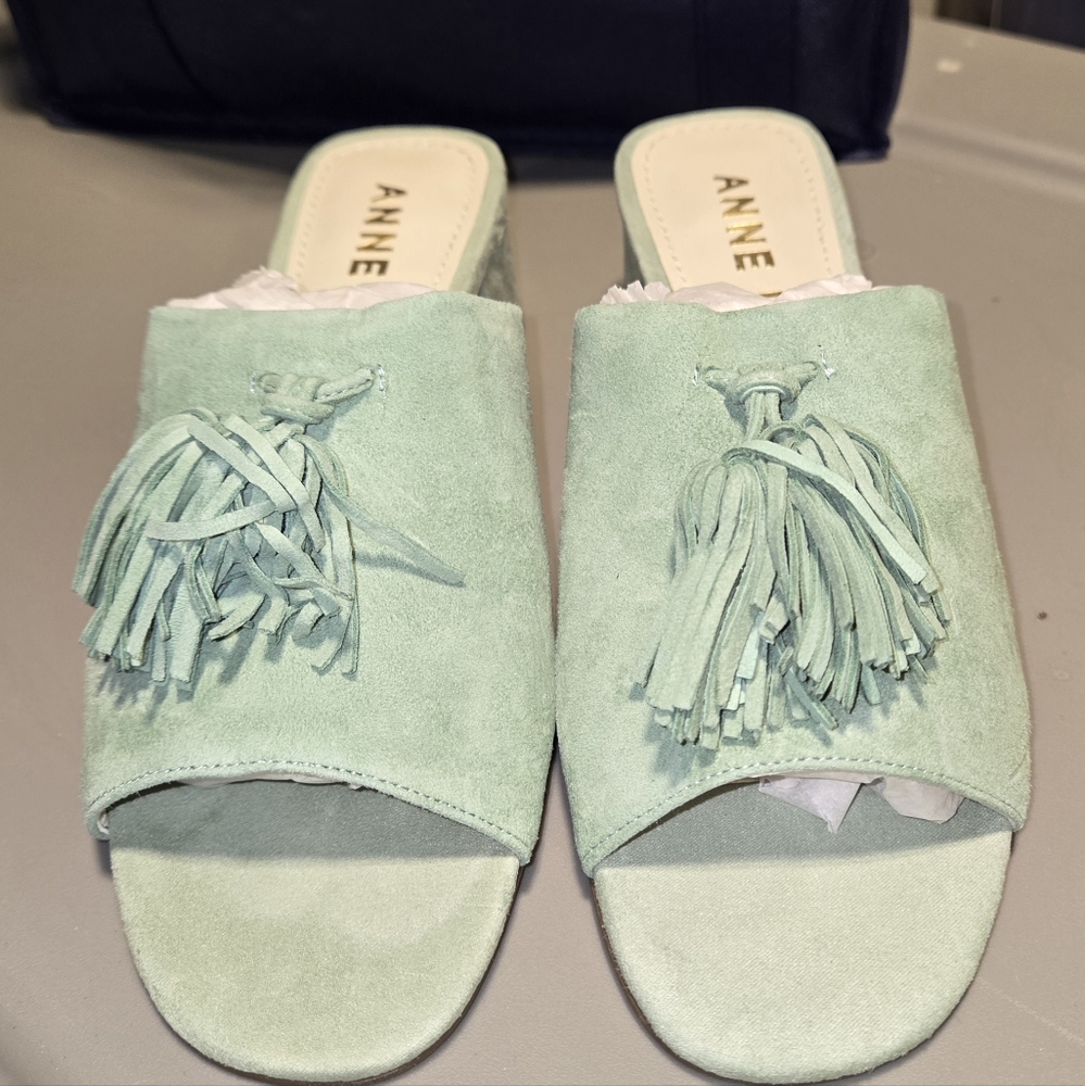 Anne Klein Mint Green Suede short heeled sandal